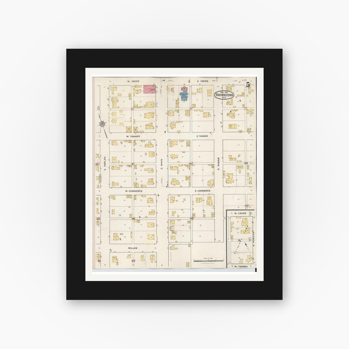 Old map wall art mockup — black gallery frame with white mat — Sanborn Fire Insurance Map from Brownstown, Jackson County, Indiana (1933), Sheet #0005