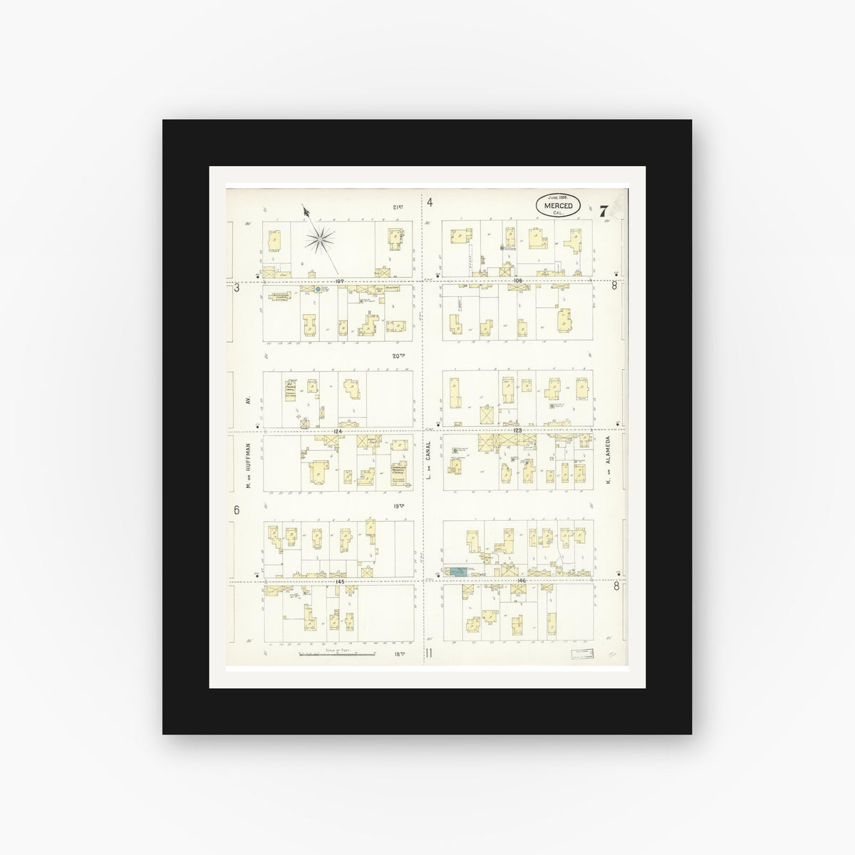 Old map wall art mockup — black gallery frame with white mat — Sanborn Fire Insurance Map from Merced, Merced County, California (1898), Sheet #0007