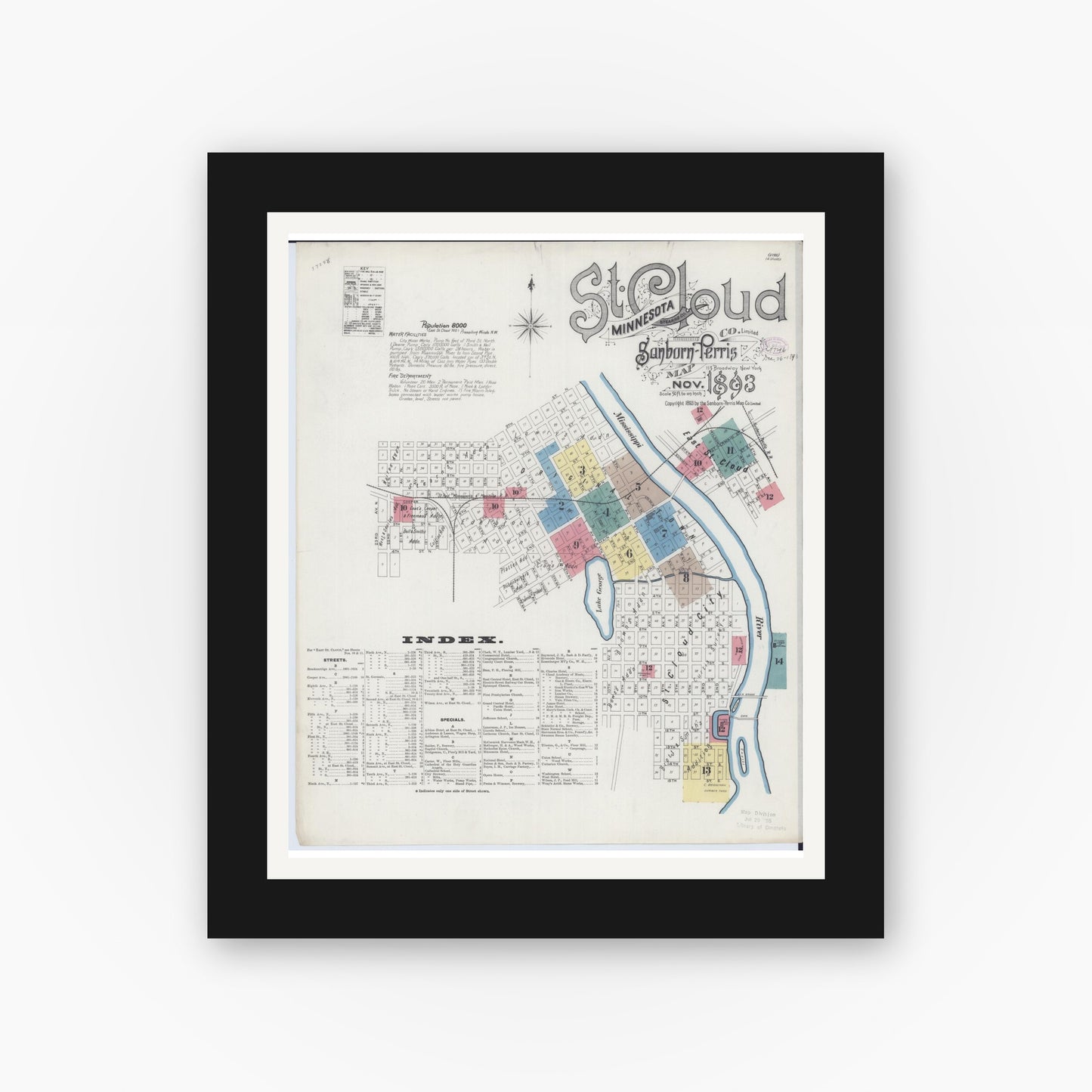 Old map wall art mockup — black gallery frame with white mat — Sanborn Fire Insurance Map from Saint Cloud, Stearns, Benton, and Sherburne Counties, Minnesota (1893) - Complete Map Set