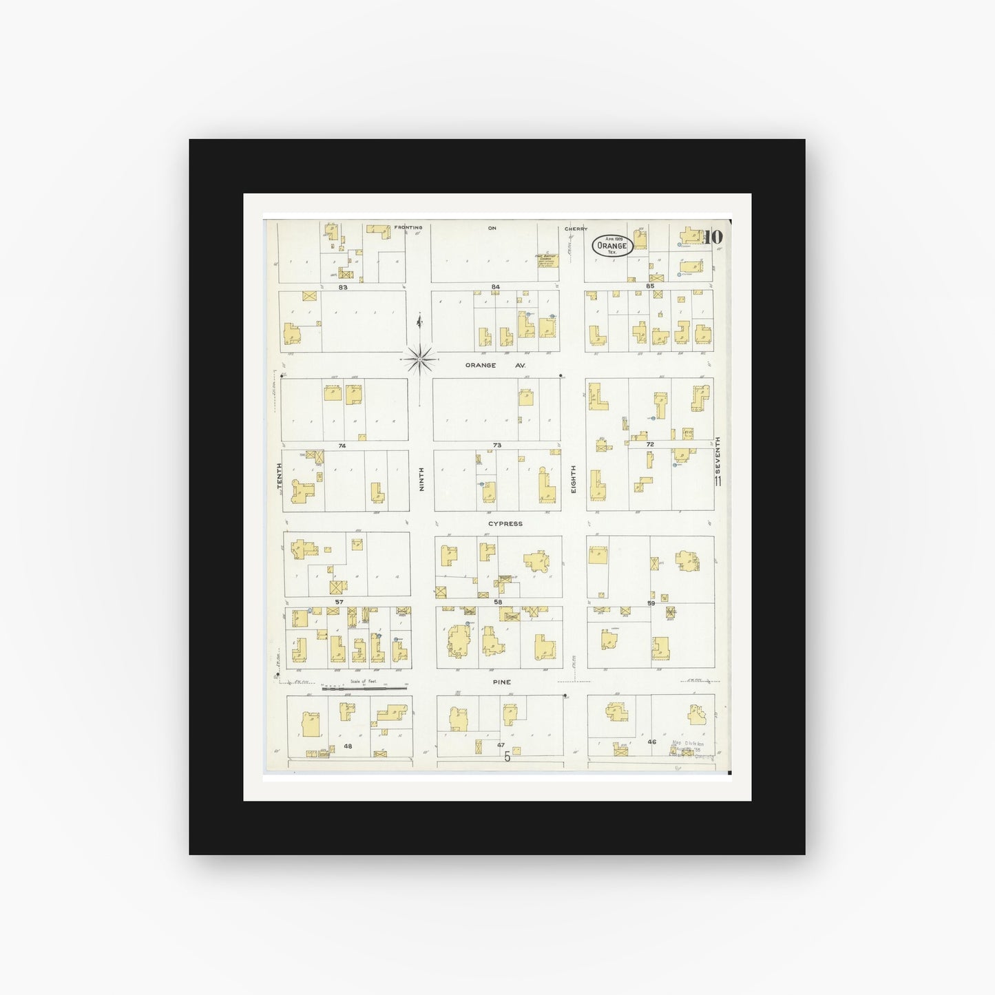 Old map wall art mockup — black gallery frame with white mat — Sanborn Fire Insurance Map from Orange, Orange County, Texas (1909), Sheet #0010