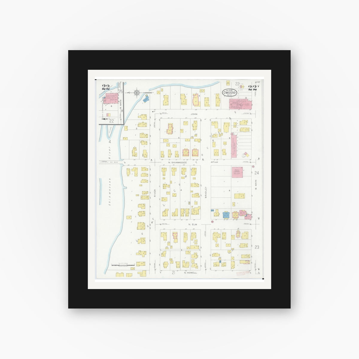 Old map wall art mockup β black gallery frame with white mat β Sanborn Fire Insurance Map from Owosso, Shiawassee County, Michigan (1930), Sheet #0022