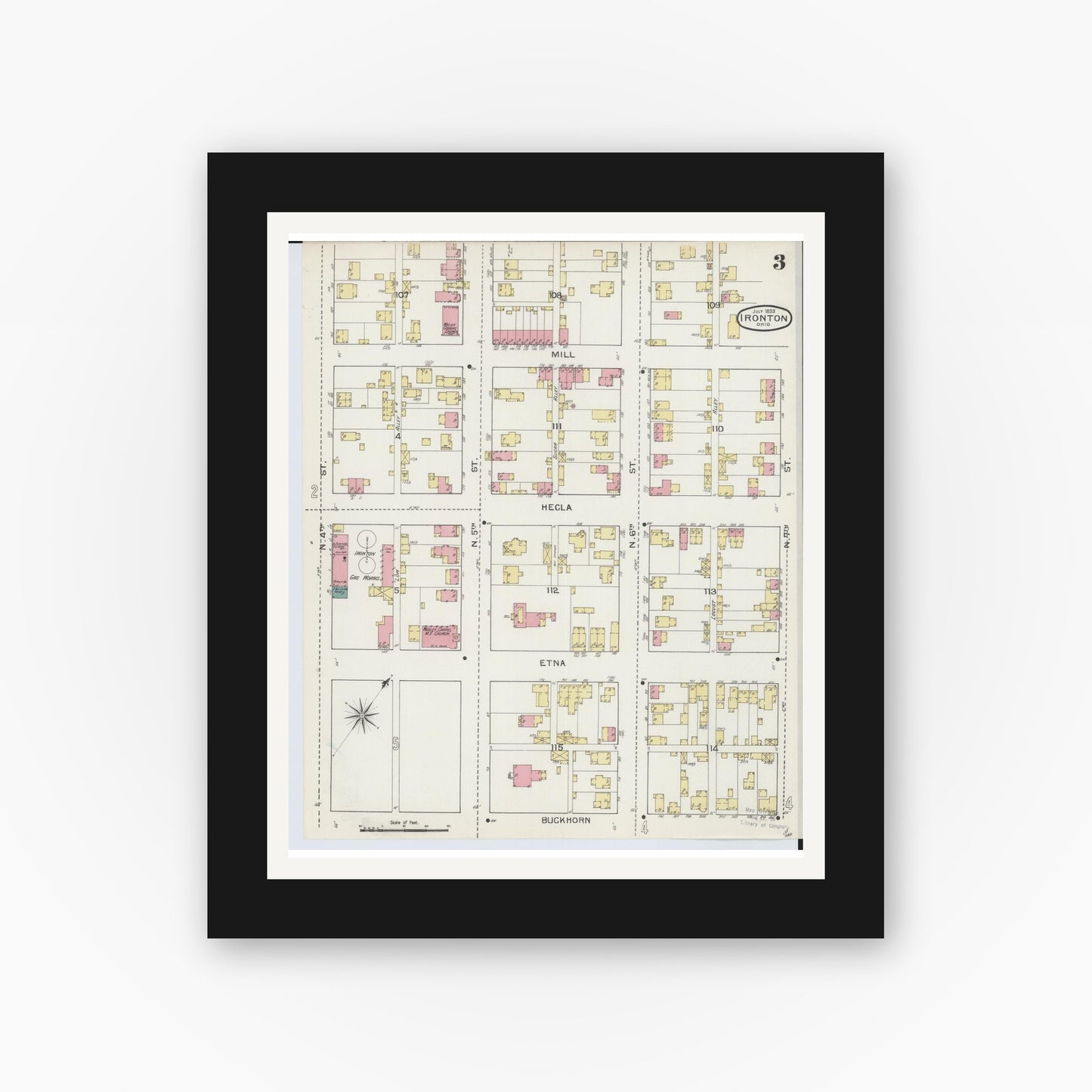 Old map wall art mockup — black gallery frame with white mat — Sanborn Fire Insurance Map from Ironton, Lawrence County, Ohio (1893), Sheet #0003