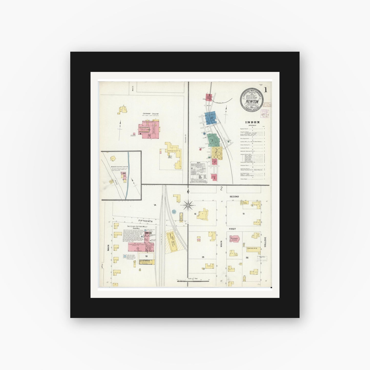 Old map wall art mockup — black gallery frame with white mat — Sanborn Fire Insurance Map from Newton, Catawba County, North Carolina (1907), Sheet #0001