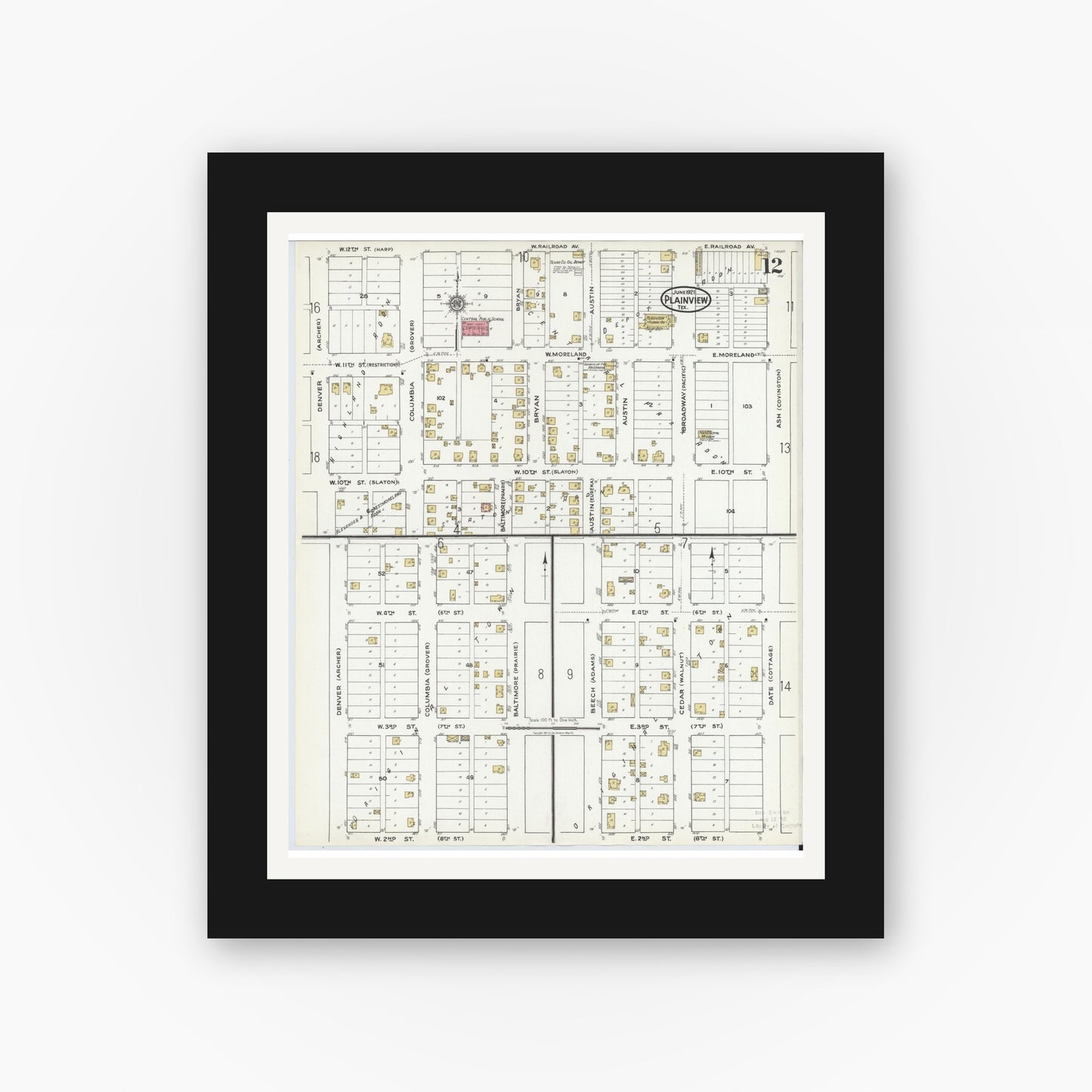 Old map wall art mockup — black gallery frame with white mat — Sanborn Fire Insurance Map from Plainview, Hale County, Texas (1921), Sheet #0012