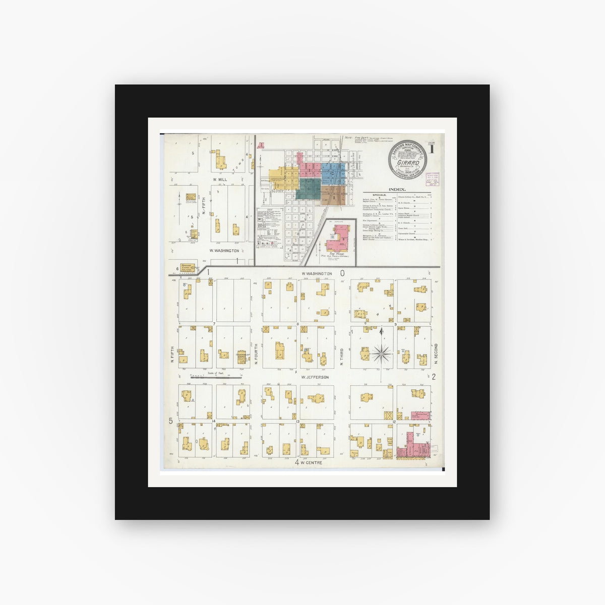 Old map wall art mockup — black gallery frame with white mat — Sanborn Fire Insurance Map from Girard, Macoupin County, Illinois (1906) - Complete Map Set