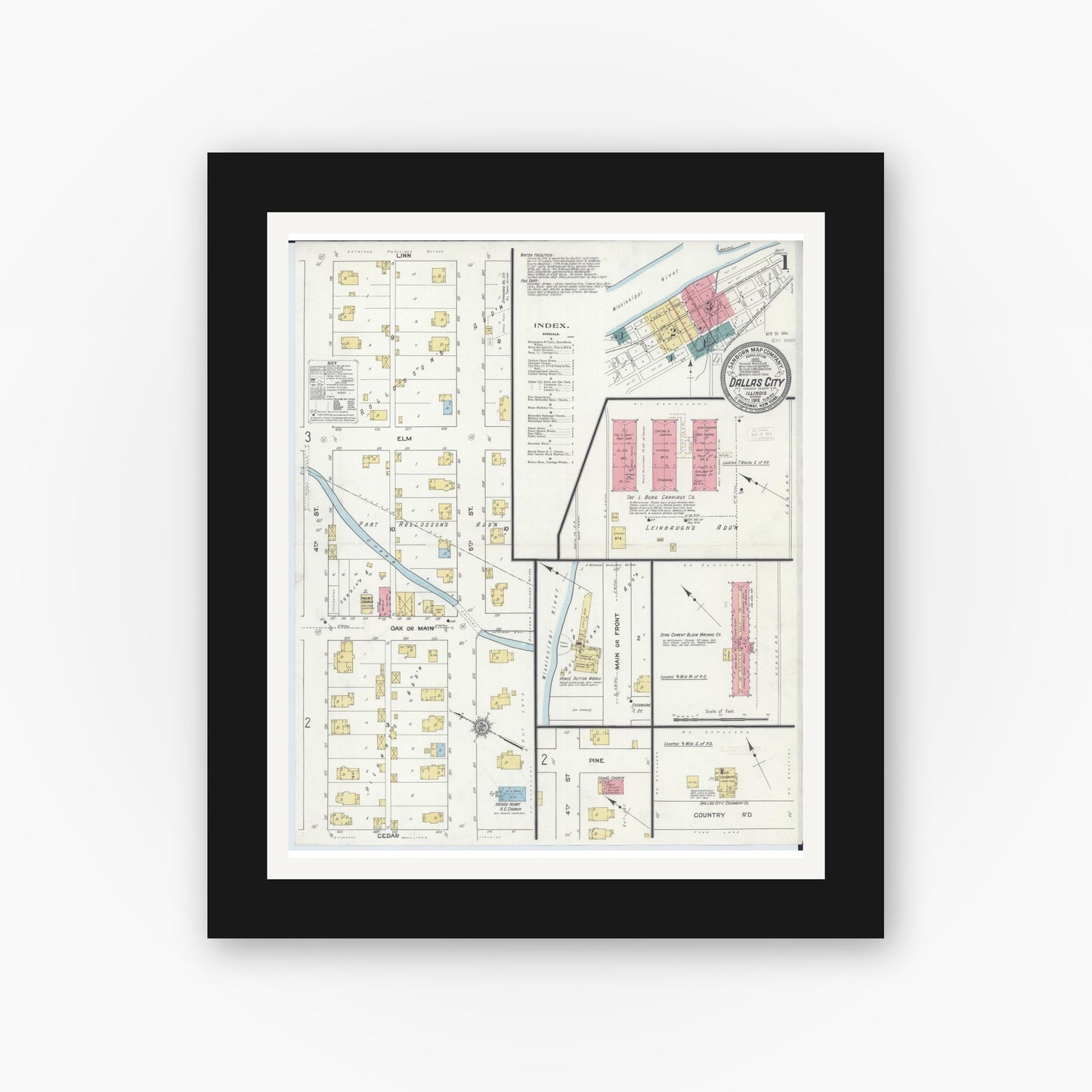 Old map wall art mockup — black gallery frame with white mat — Sanborn Fire Insurance Map from Dallas City, Hancock County, Illinois (1912) - Complete Map Set