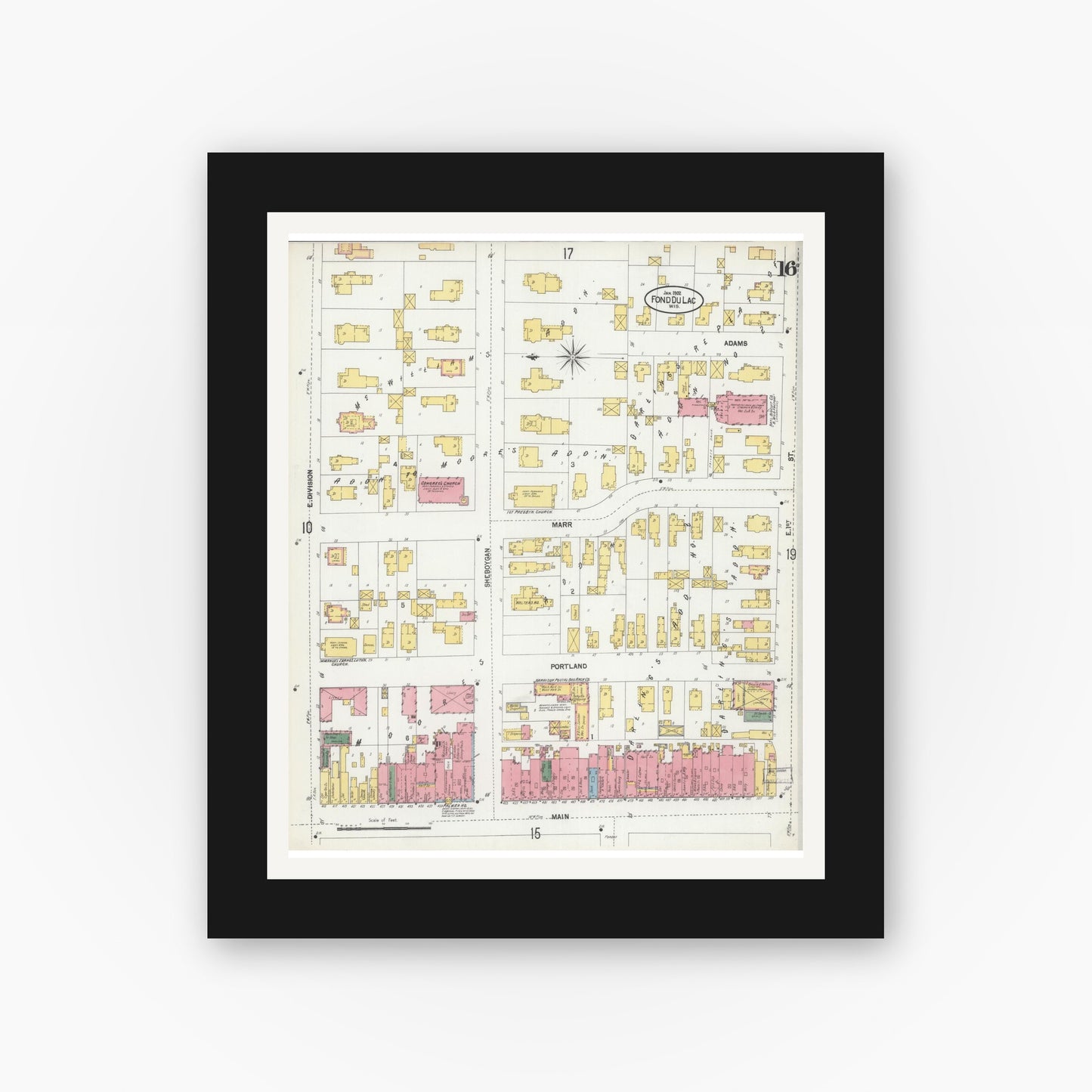 Old map wall art mockup — black gallery frame with white mat — Sanborn Fire Insurance Map from Fond du Lac, Fond du Lac County, Wisconsin (1902), Sheet #0016