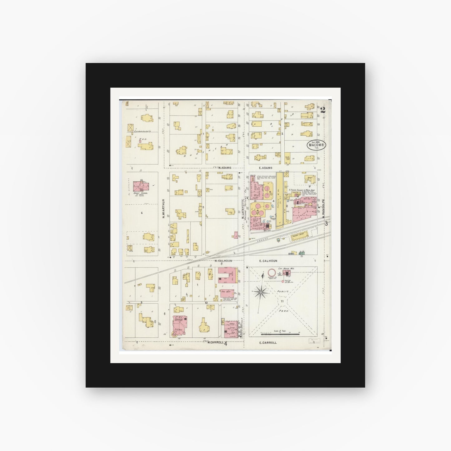Old map wall art mockup — black gallery frame with white mat — Sanborn Fire Insurance Map from Macomb, Mcdonough County, Illinois (1898), Sheet #0002