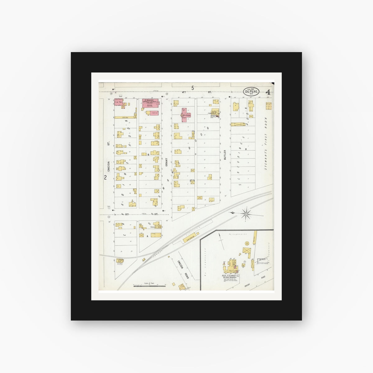Old map wall art mockup — black gallery frame with white mat — Sanborn Fire Insurance Map from De Pere, Brown County, Wisconsin (1900), Sheet #0004