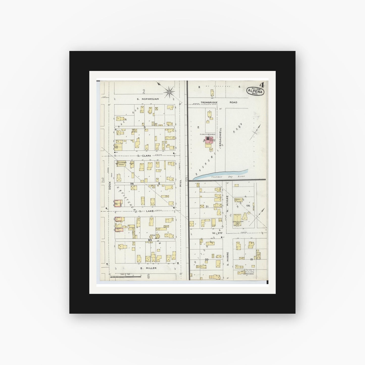 Old map wall art mockup — black gallery frame with white mat — Sanborn Fire Insurance Map from Alpena, Alpena County, Michigan (1895), Sheet #0004