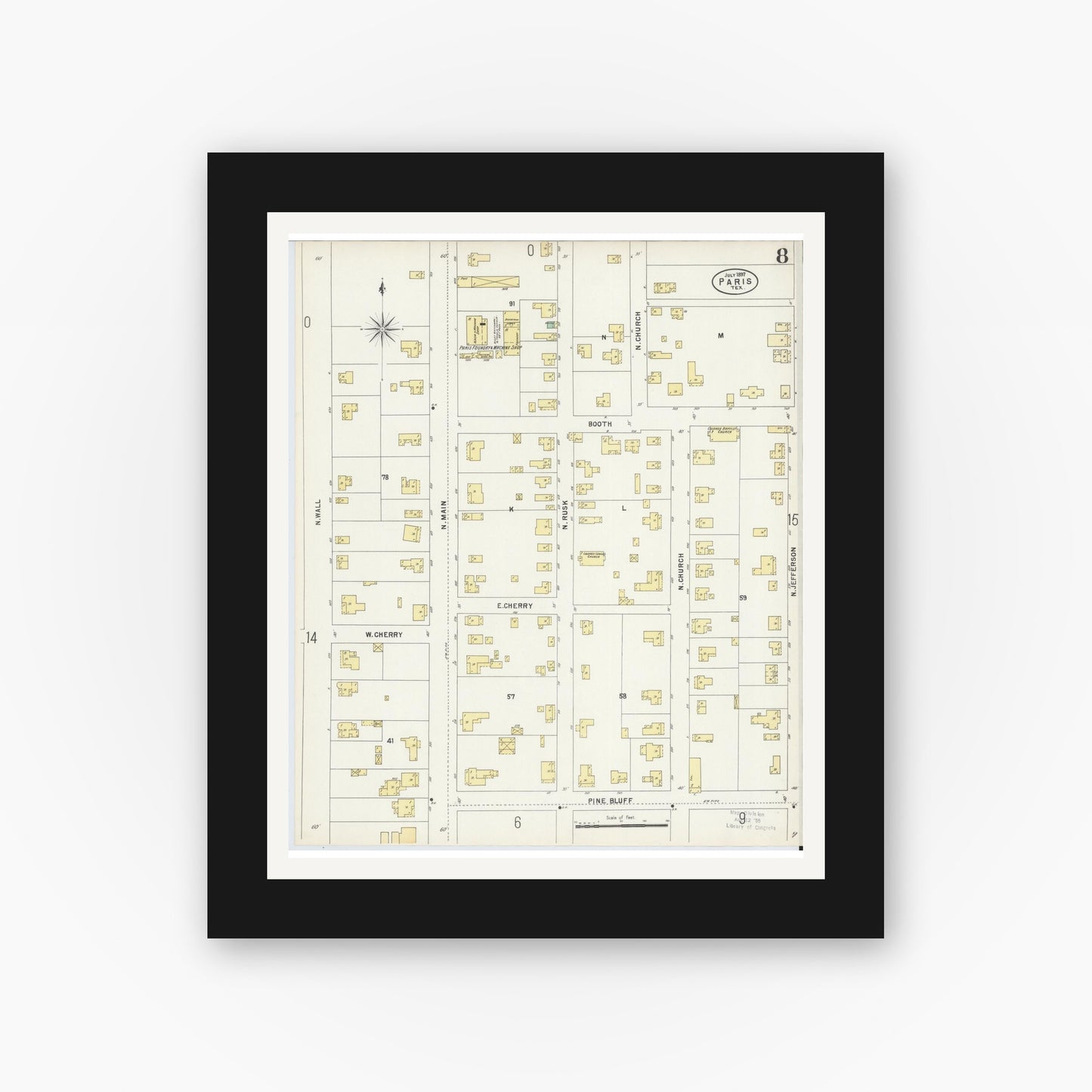 Old map wall art mockup — black gallery frame with white mat — Sanborn Fire Insurance Map from Paris, Lamar County, Texas (1897), Sheet #0008