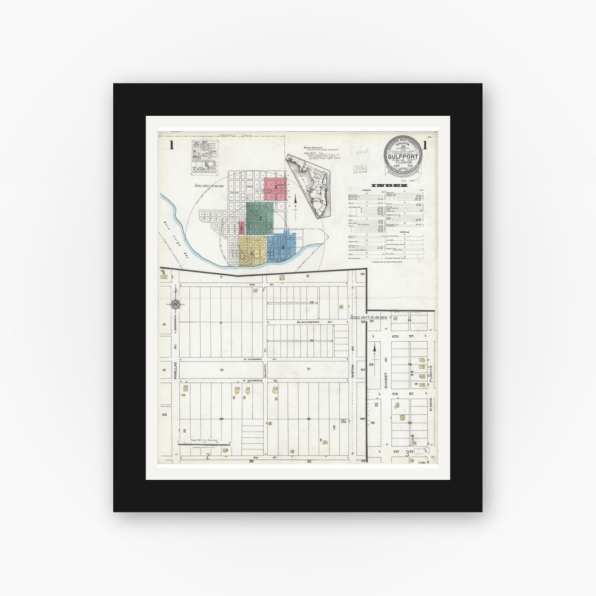 Old map wall art mockup — black gallery frame with white mat — Sanborn Fire Insurance Map from Gulfport, Pinellas County, Florida (1923) - Complete Map Set