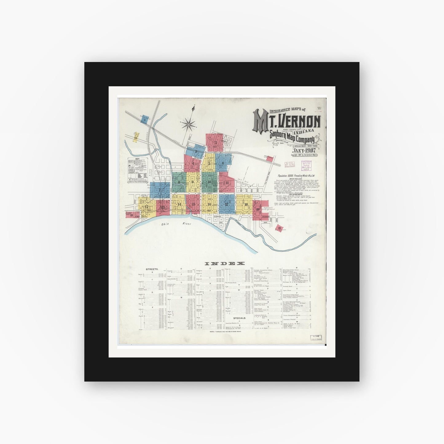 Old map wall art mockup — black gallery frame with white mat — Sanborn Fire Insurance Map from Mount Vernon, Posey County, Indiana (1907) - Complete Map Set
