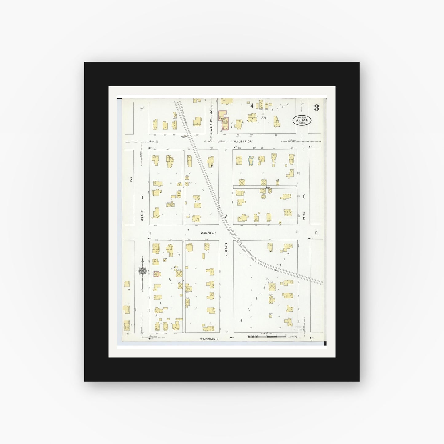 Old map wall art mockup — black gallery frame with white mat — Sanborn Fire Insurance Map from Alma, Gratiot County, Michigan (1910), Sheet #0003