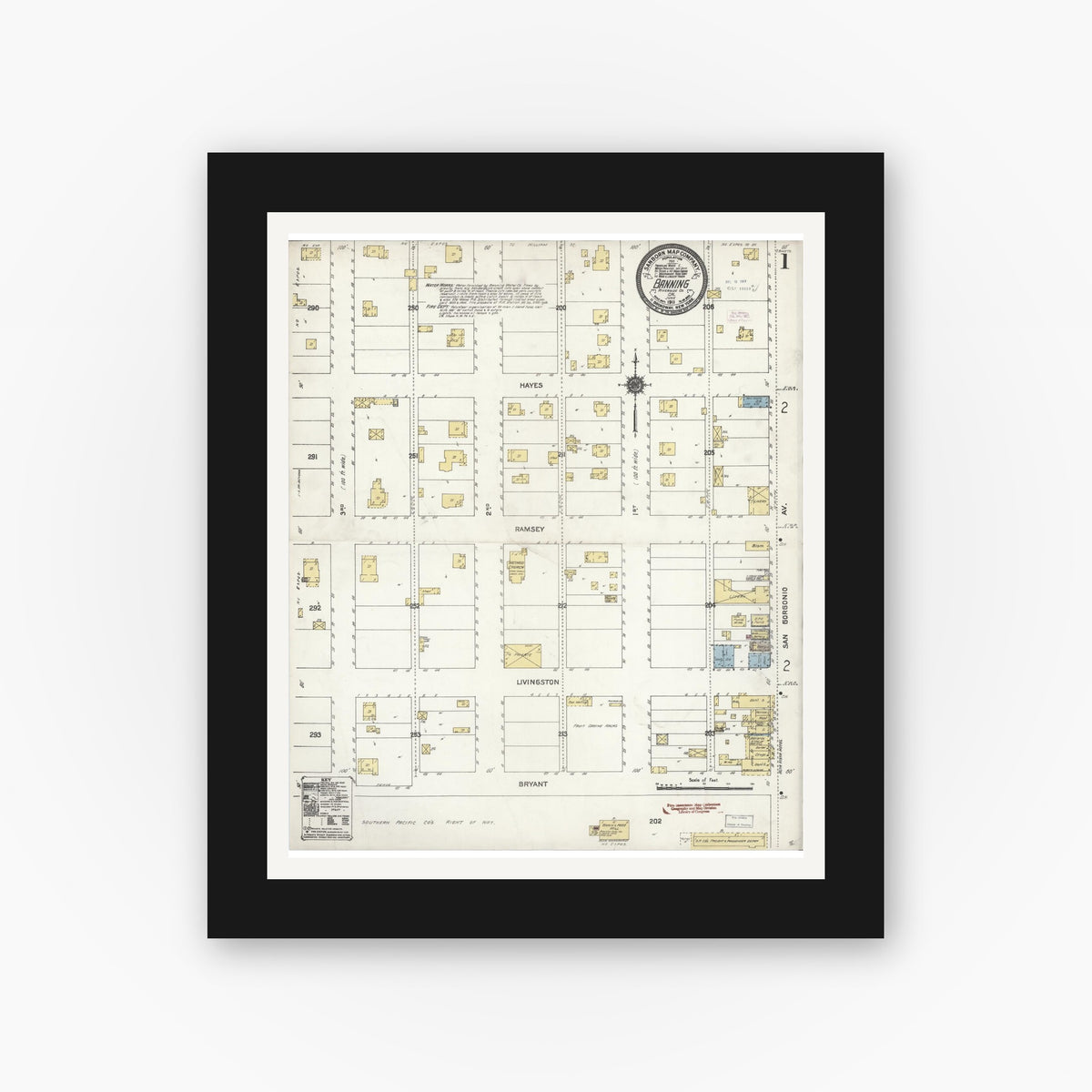 Old map wall art mockup — black gallery frame with white mat — Sanborn Fire Insurance Map from Banning, Riverside County, California (1911), Sheet #0001