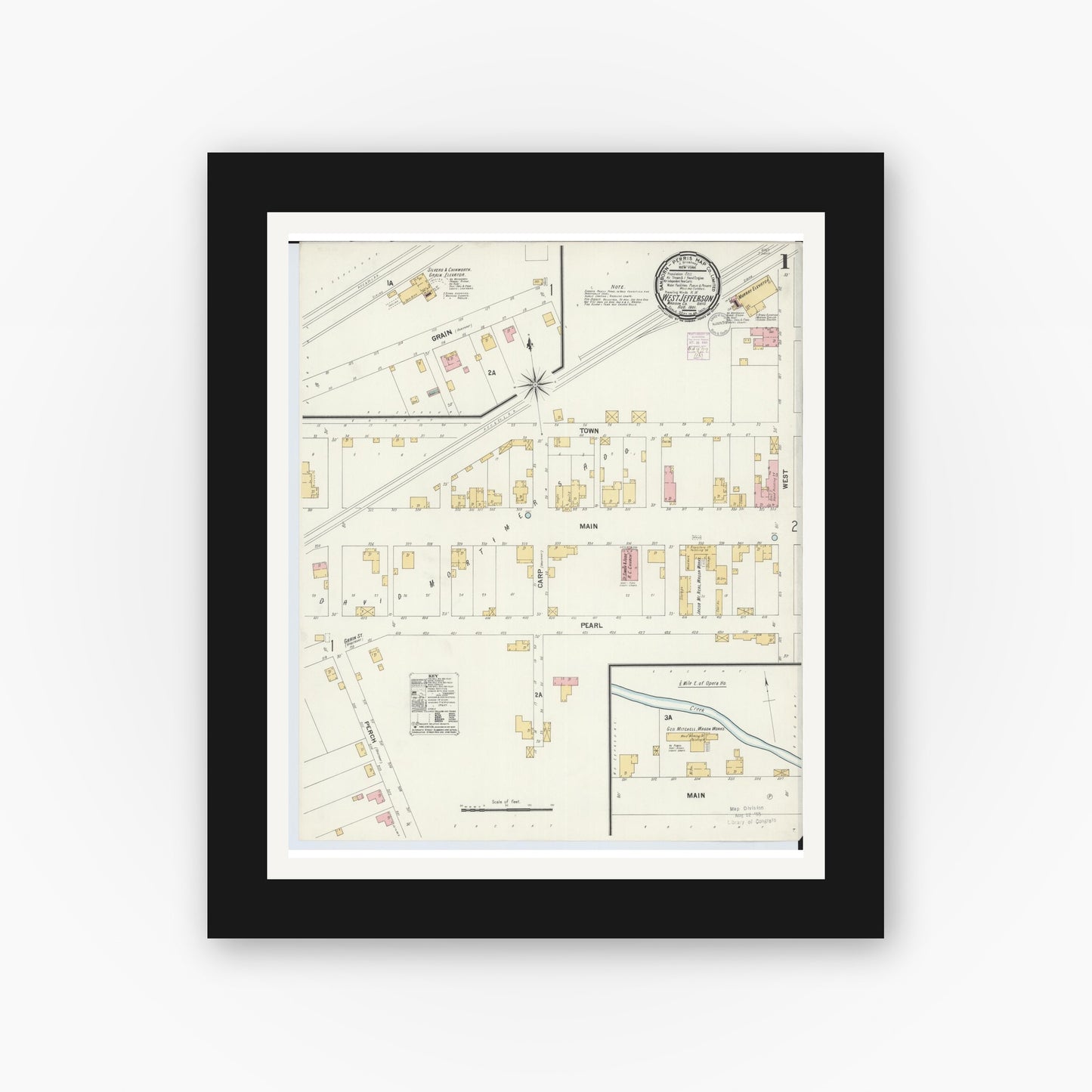 Old map wall art mockup — black gallery frame with white mat — Sanborn Fire Insurance Map from West Jefferson, Madison County, Ohio (1901) - Complete Map Set