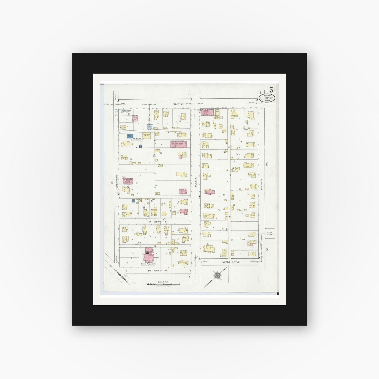 Old map wall art mockup — black gallery frame with white mat — Sanborn Fire Insurance Map from Elmore, Ottawa County, Ohio (1920), Sheet #0005