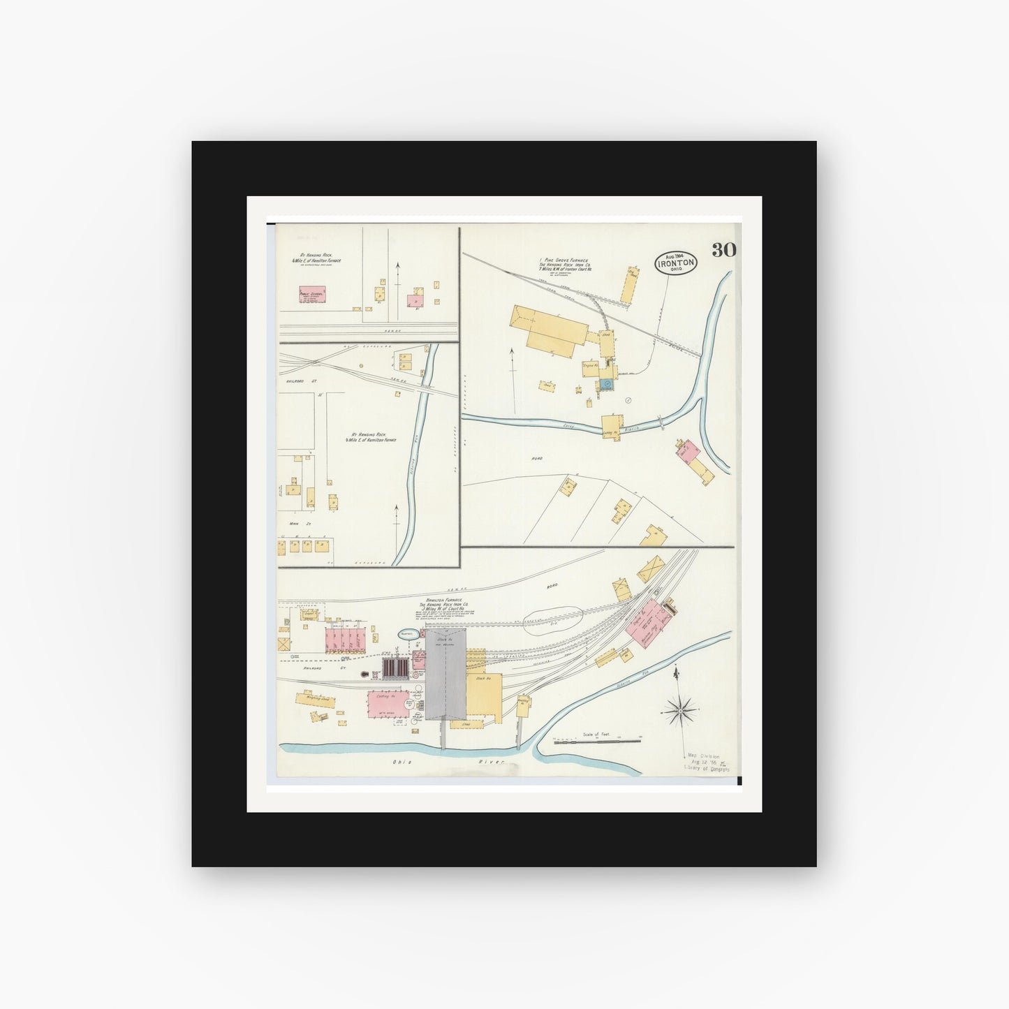 Old map wall art mockup — black gallery frame with white mat — Sanborn Fire Insurance Map from Ironton, Lawrence County, Ohio (1904), Sheet #0030