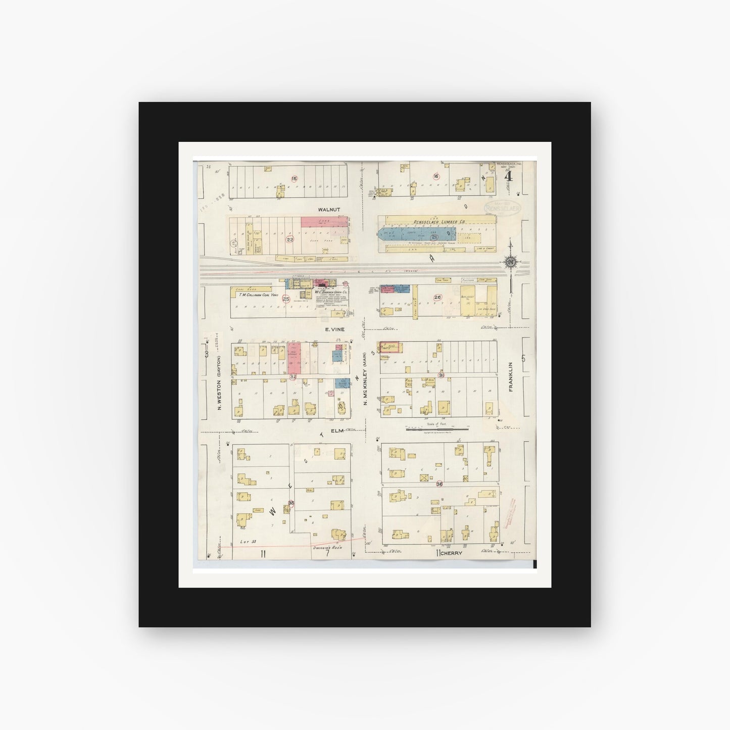 Old map wall art mockup — black gallery frame with white mat — Sanborn Fire Insurance Map from Rensselaer, Jasper County, Indiana (1942), Sheet #0004