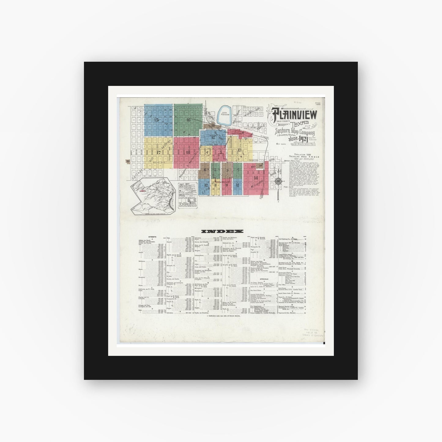 Old map wall art mockup — black gallery frame with white mat — Sanborn Fire Insurance Map from Plainview, Hale County, Texas (1921) - Complete Map Set