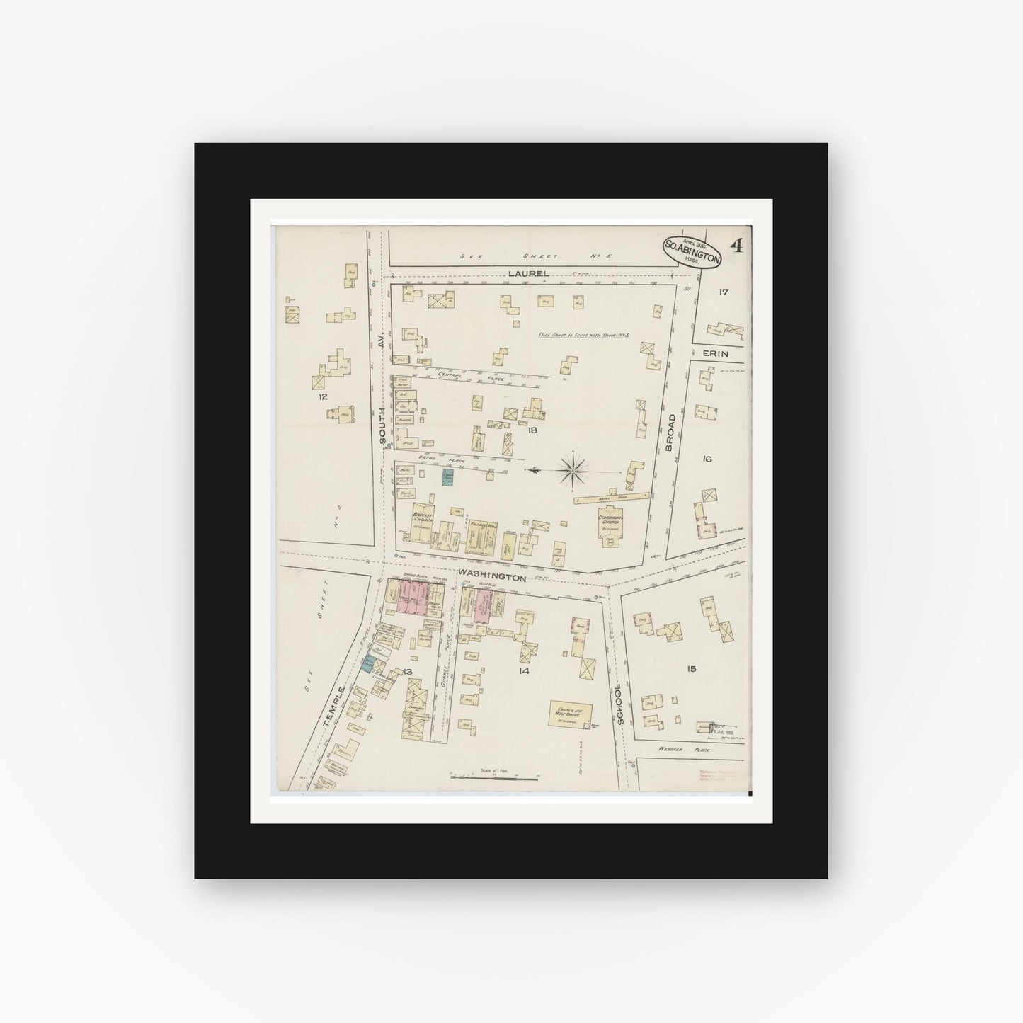 Old map wall art mockup — black gallery frame with white mat — Sanborn Fire Insurance Map from South Abington, Plymouth County, Massachusetts (1885), Sheet #0004