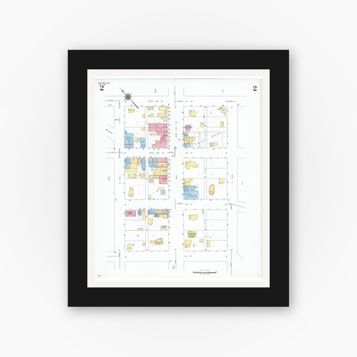 Old map wall art mockup — black gallery frame with white mat — Sanborn Fire Insurance Map from Palmyra, Jefferson County, Wisconsin (1949), Sheet #0002