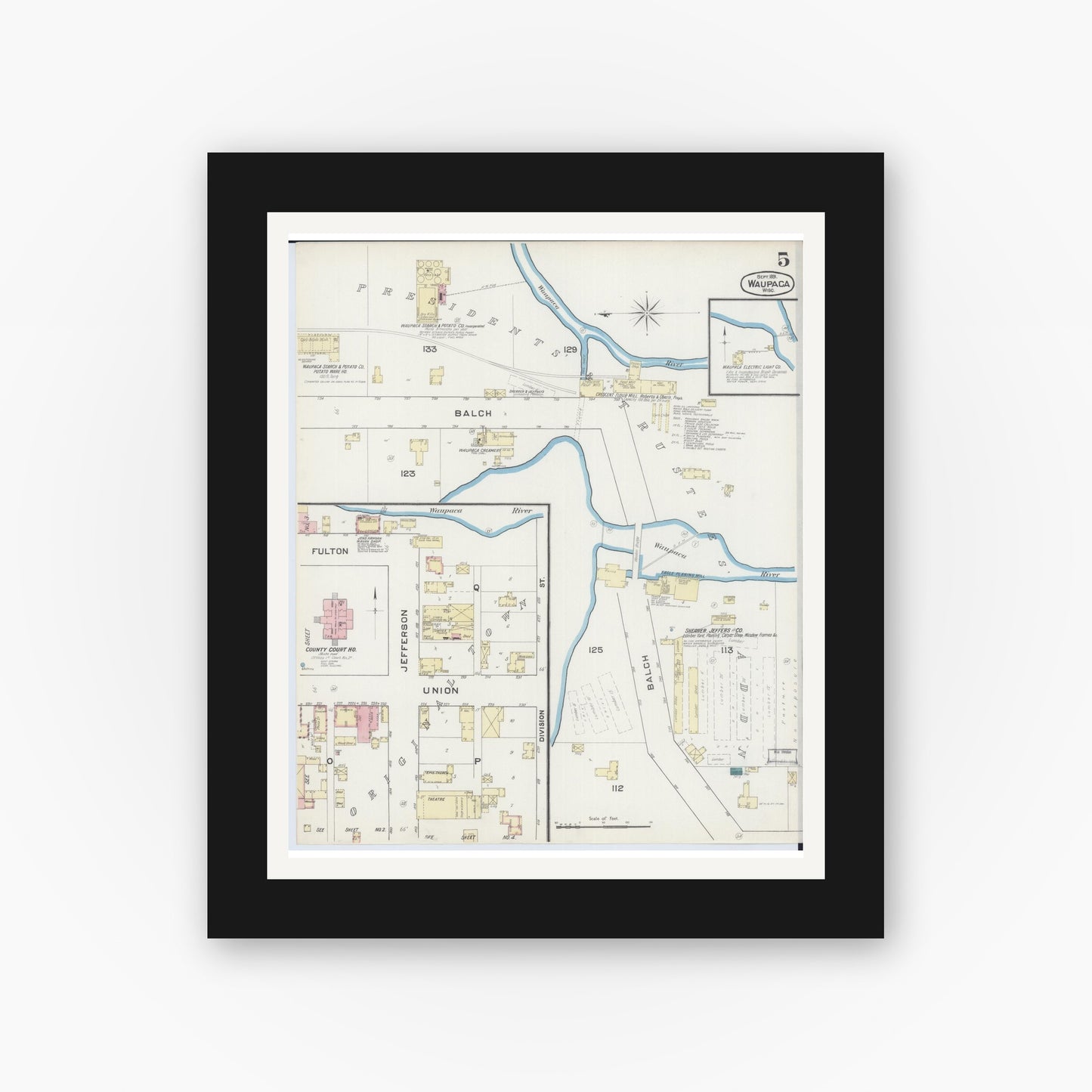 Old map wall art mockup — black gallery frame with white mat — Sanborn Fire Insurance Map from Waupaca, Waupaca County, Wisconsin (1891), Sheet #0005