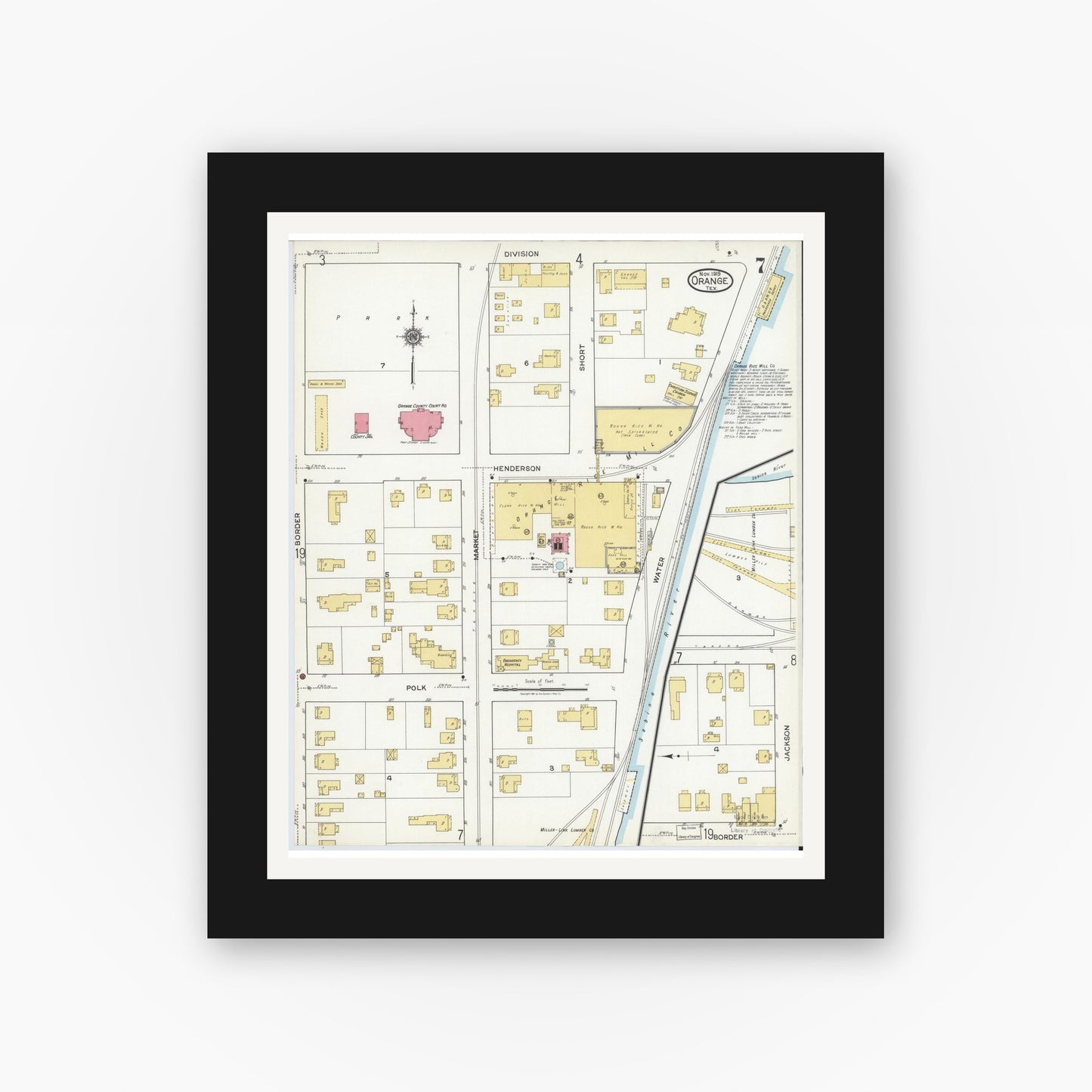 Old map wall art mockup — black gallery frame with white mat — Sanborn Fire Insurance Map from Orange, Orange County, Texas (1919), Sheet #0007