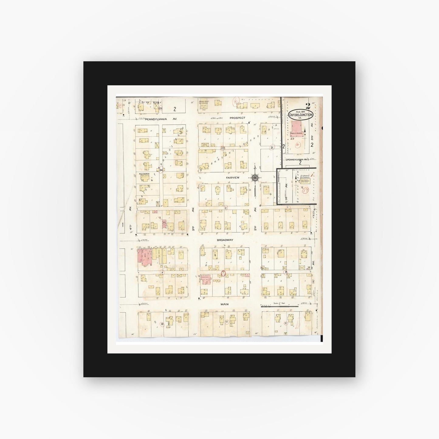 Old map wall art mockup β black gallery frame with white mat β Sanborn Fire Insurance Map from Oxford Junction, Jones County, Iowa (1939), Sheet #0002