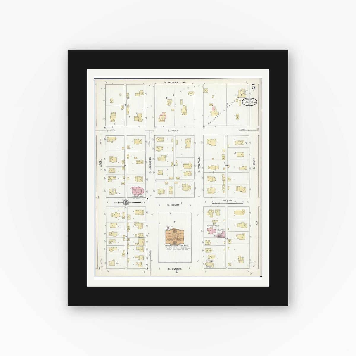Old map wall art mockup — black gallery frame with white mat — Sanborn Fire Insurance Map from Tuscola, Douglas County, Illinois (1914), Sheet #0005