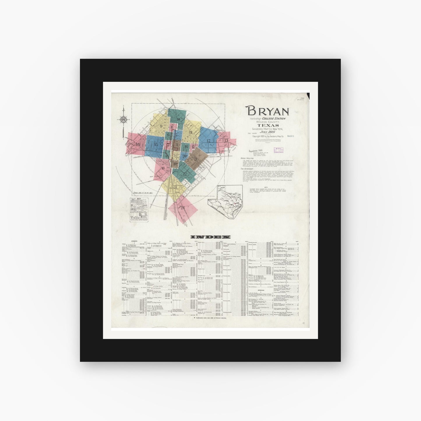 Old map wall art mockup — black gallery frame with white mat — Sanborn Fire Insurance Map from Bryan, Brazos County, Texas (1925), Sheet #0001