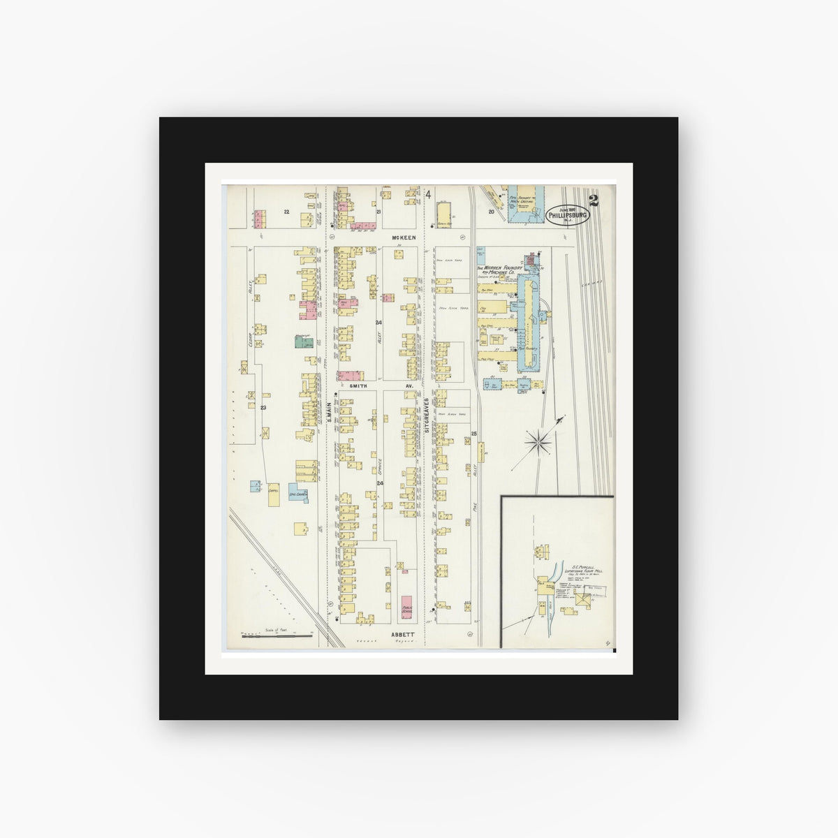 Old map wall art mockup — black gallery frame with white mat — Sanborn Fire Insurance Map from Phillipsburg, Warren County, New Jersey (1897), Sheet #0002