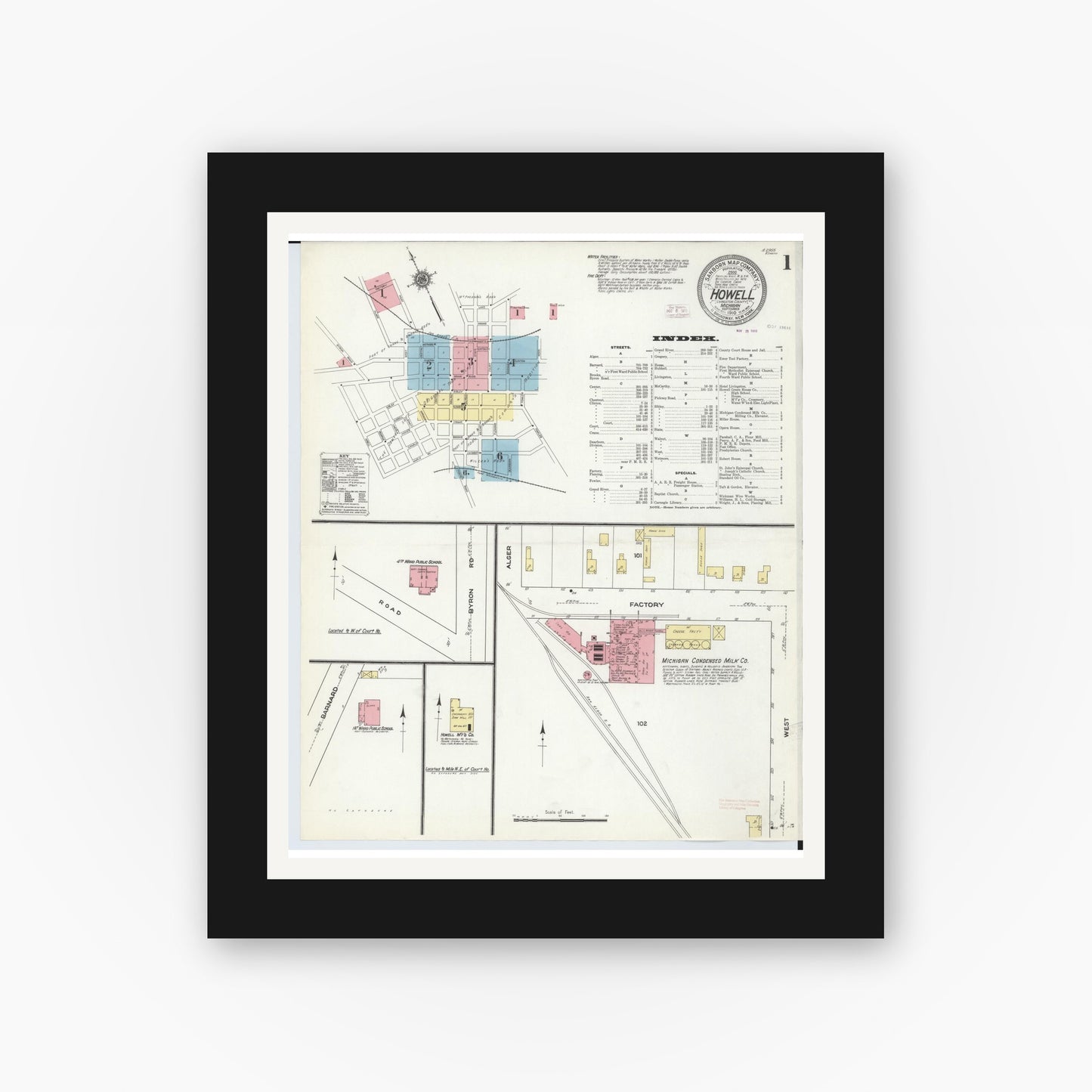 Old map wall art mockup — black gallery frame with white mat — Sanborn Fire Insurance Map from Howell, Livingston County, Michigan (1910) - Complete Map Set