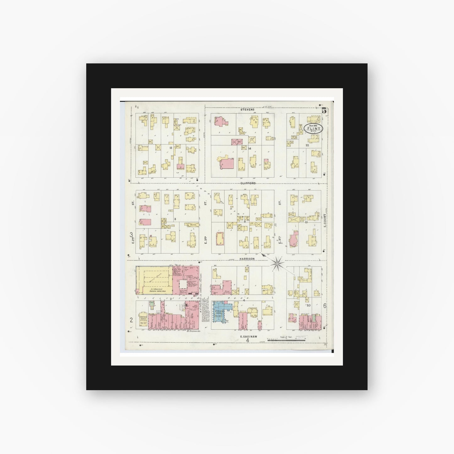 Old map wall art mockup — black gallery frame with white mat — Sanborn Fire Insurance Map from Flint, Genesee County, Michigan (1898), Sheet #0005