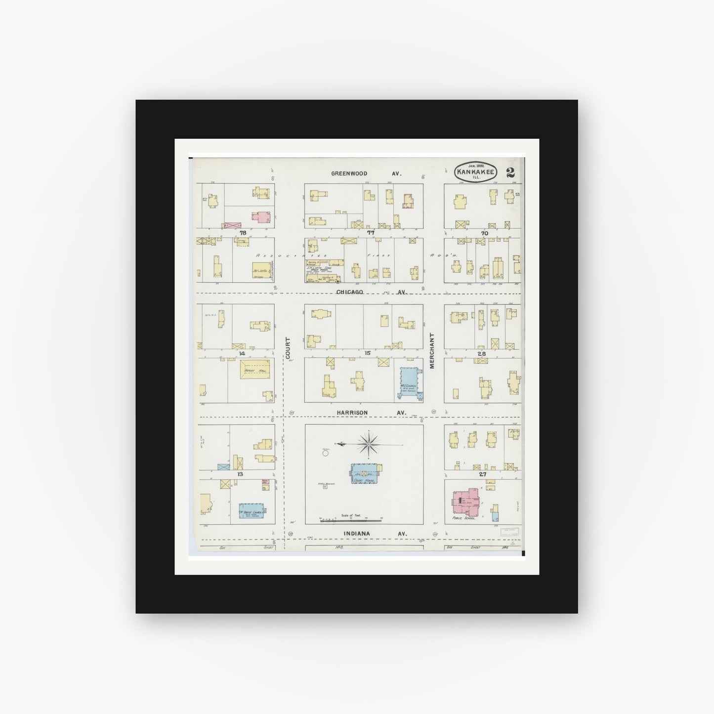 Old map wall art mockup — black gallery frame with white mat — Sanborn Fire Insurance Map from Kankakee, Kankakee County, Illinois (1892), Sheet #0002
