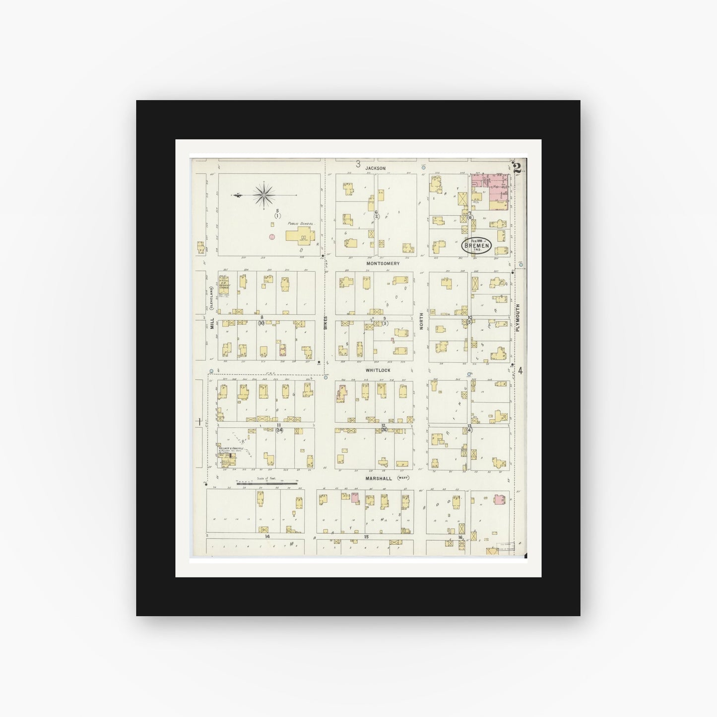 Old map wall art mockup — black gallery frame with white mat — Sanborn Fire Insurance Map from Bremen, Marshall County, Indiana (1898), Sheet #0002