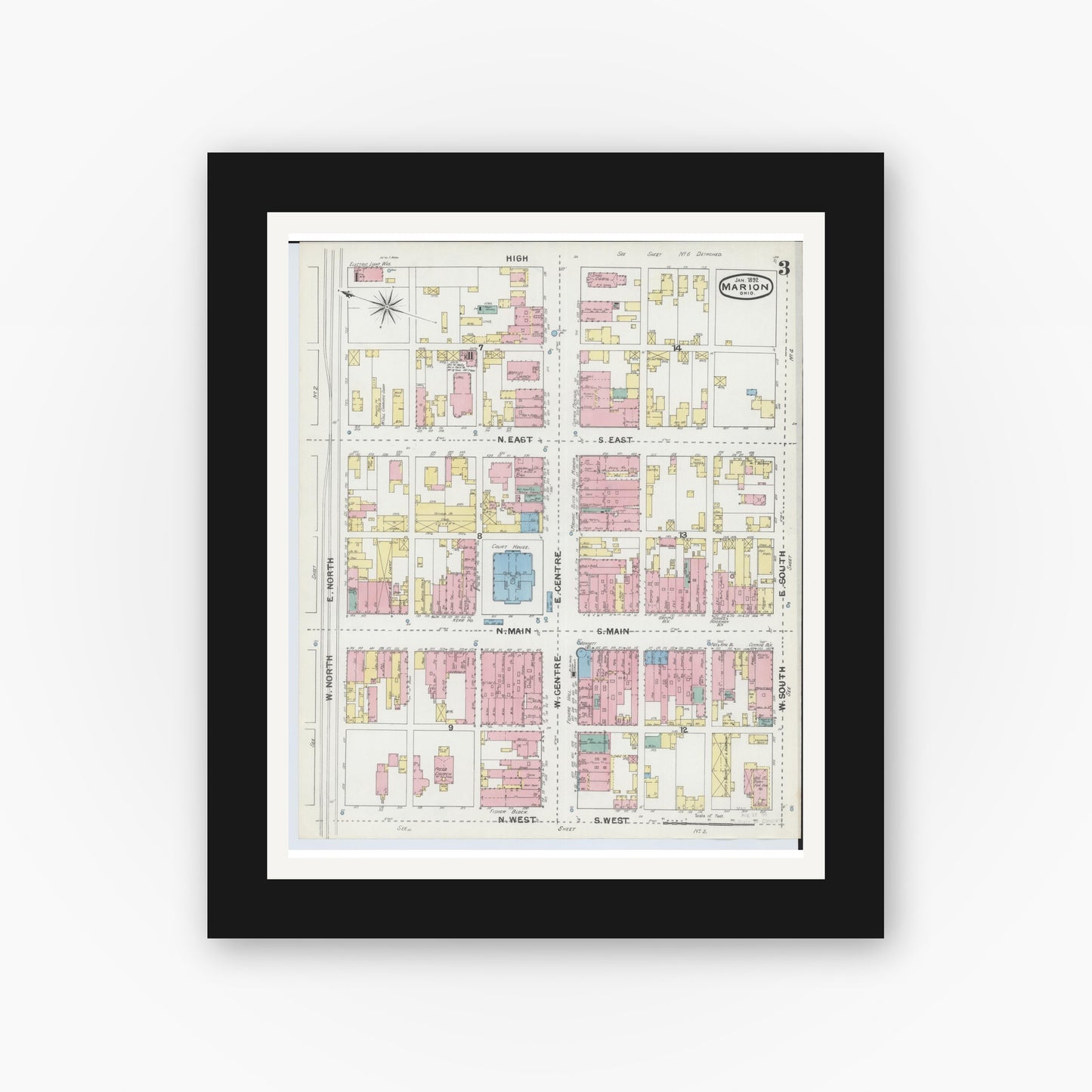 Old map wall art mockup — black gallery frame with white mat — Sanborn Fire Insurance Map from Marion, Marion County, Ohio (1892), Sheet #0003