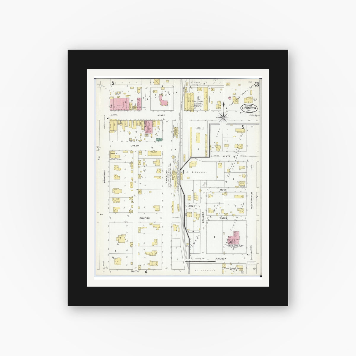 Old map wall art mockup — black gallery frame with white mat — Sanborn Fire Insurance Map from Lovington, Moultrie County, Illinois (1909), Sheet #0003