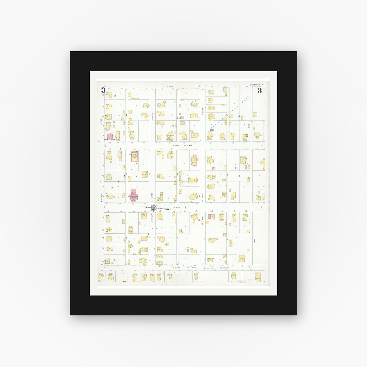 Old map wall art mockup — black gallery frame with white mat — Sanborn Fire Insurance Map from Fairmount, Vermilion County, Illinois (1933), Sheet #0003