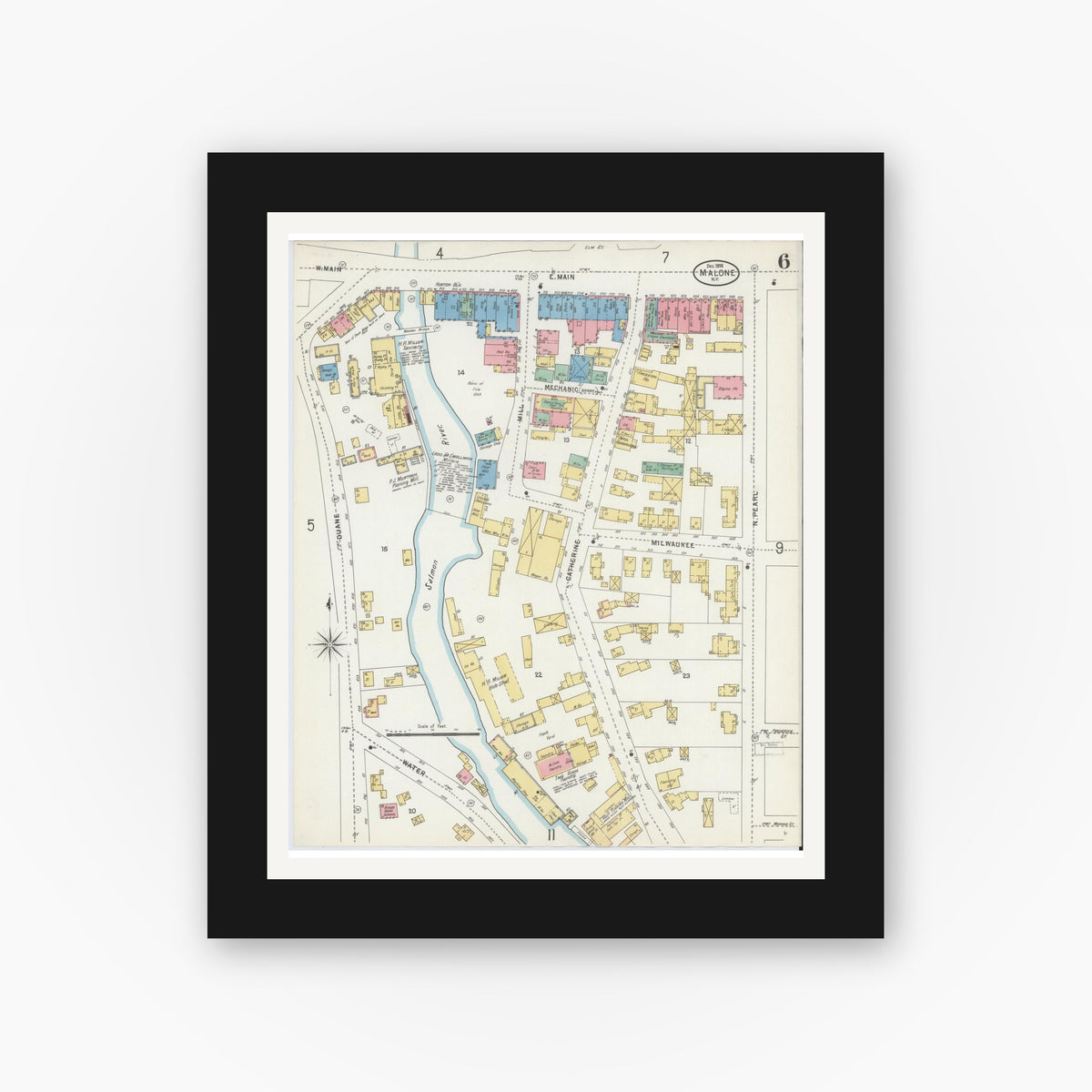 Old map wall art mockup — black gallery frame with white mat — Sanborn Fire Insurance Map from Malone, Franklin County, New York (1898), Sheet #0006