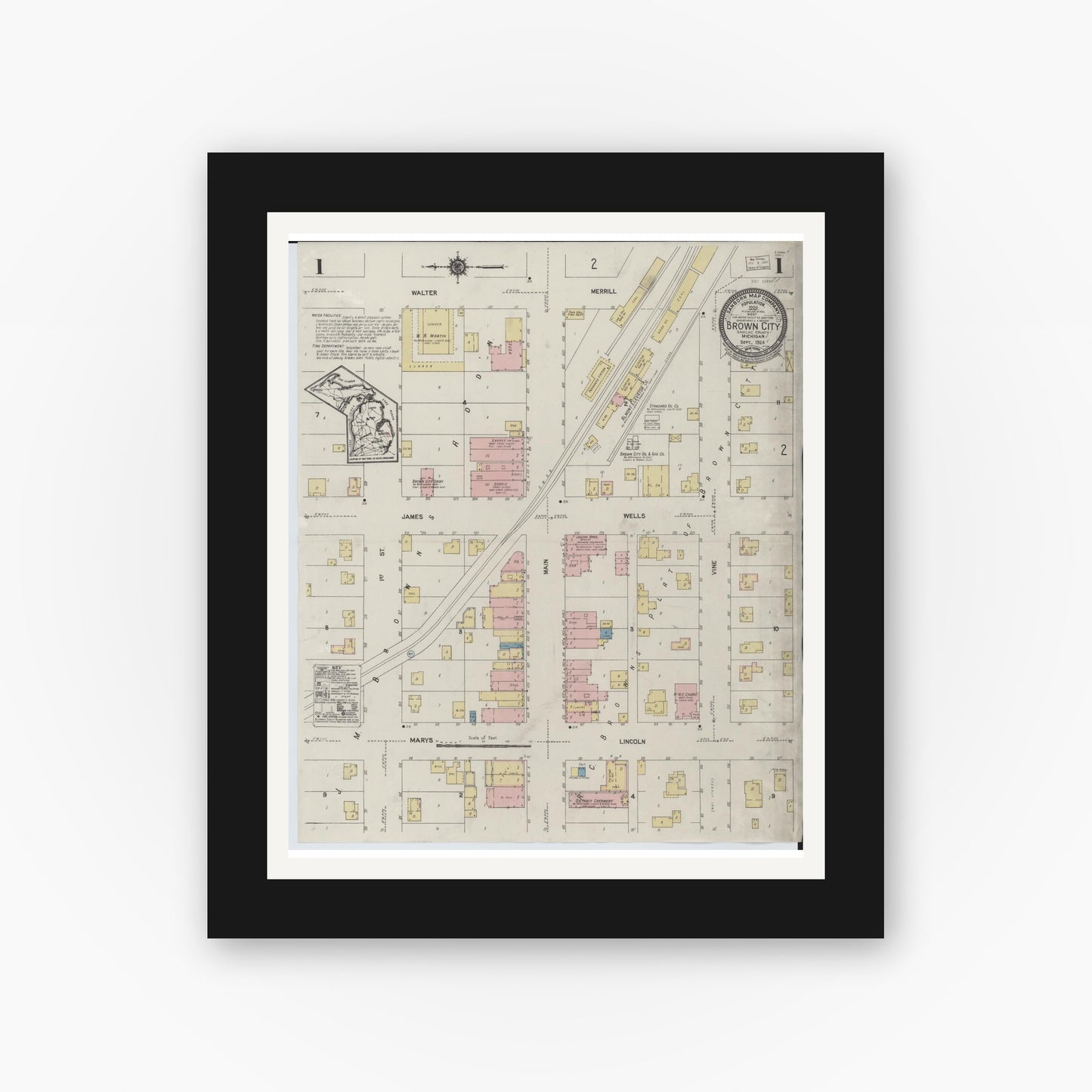 Old map wall art mockup — black gallery frame with white mat — Sanborn Fire Insurance Map from Brown City, Sanilac County, Michigan (1924) - Complete Map Set