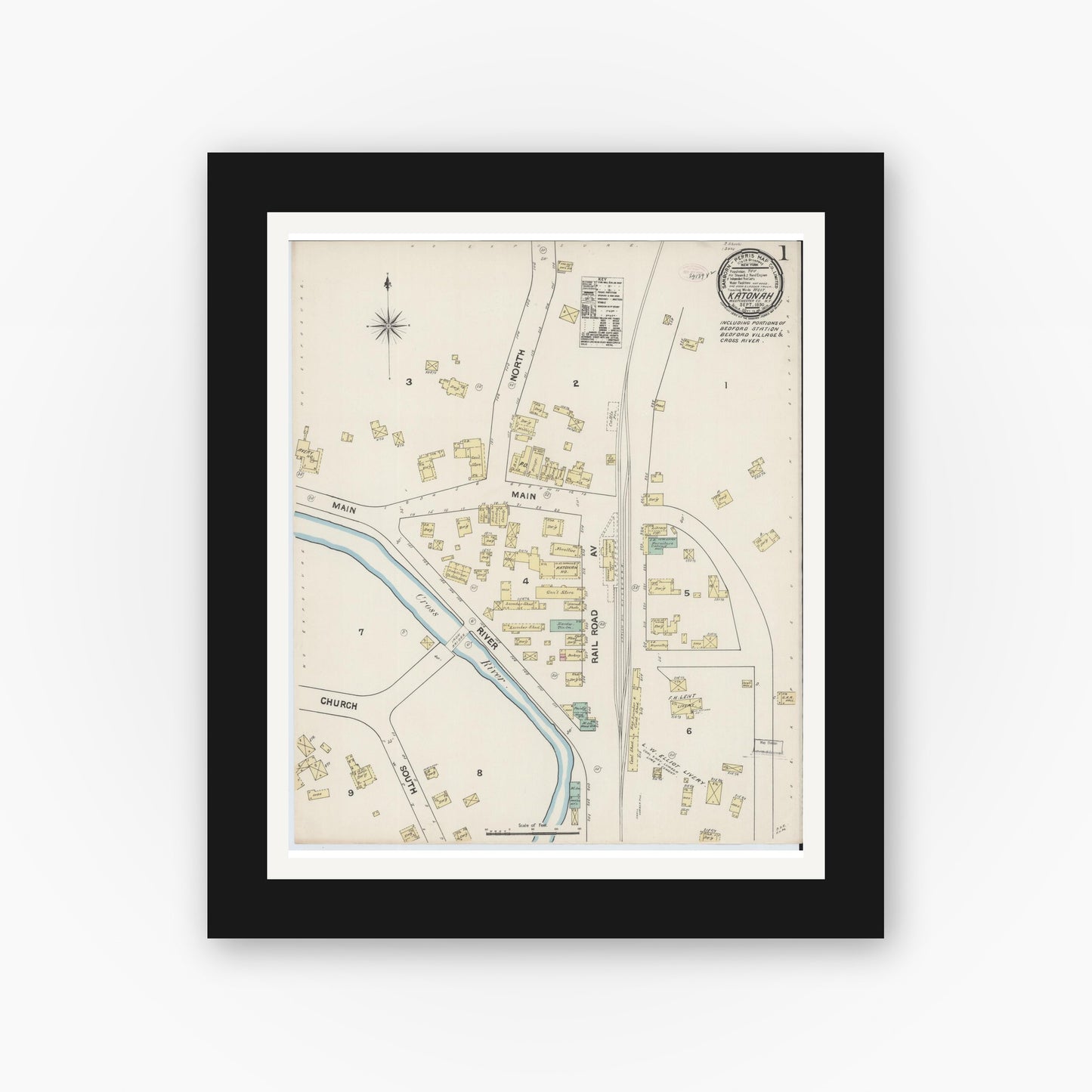 Old map wall art mockup — black gallery frame with white mat — Sanborn Fire Insurance Map from Katonah, Westchester County, New York (1890) - Complete Map Set