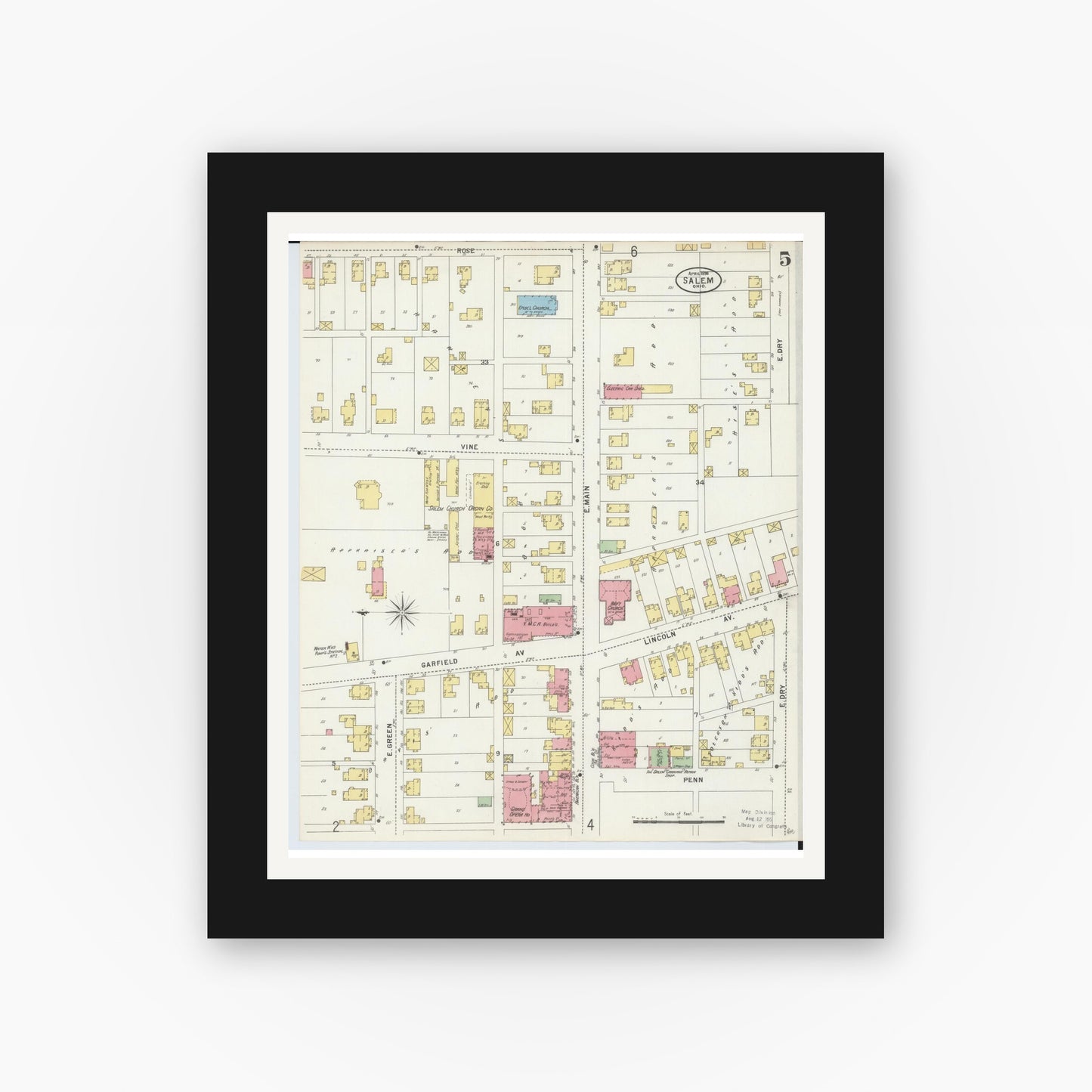 Old map wall art mockup — black gallery frame with white mat — Sanborn Fire Insurance Map from Salem, Columbiana County, Ohio (1898), Sheet #0005