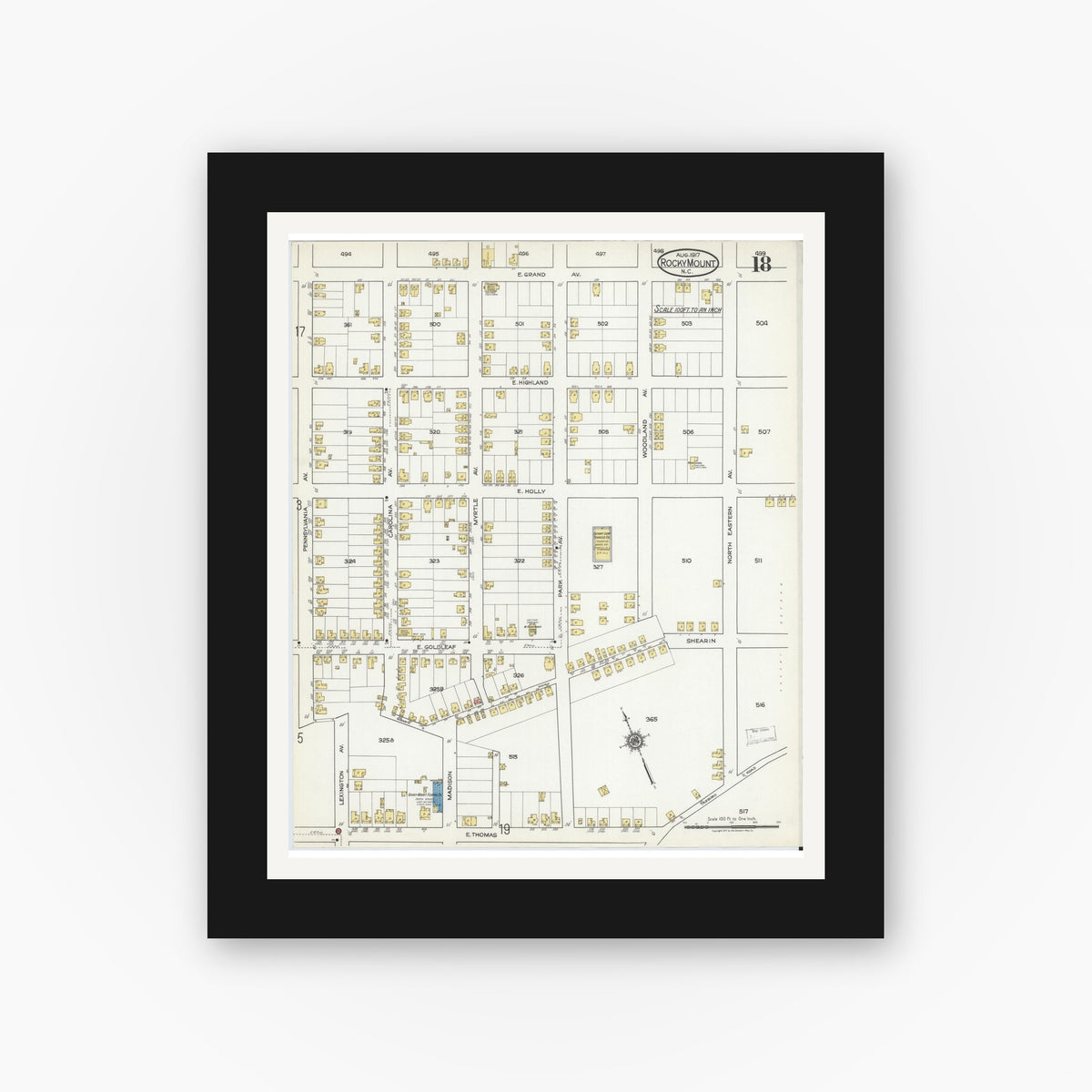 Old map wall art mockup — black gallery frame with white mat — Sanborn Fire Insurance Map from Rocky Mount, Edgecombe And Nash Counties, North Carolina (1917), Sheet #0018