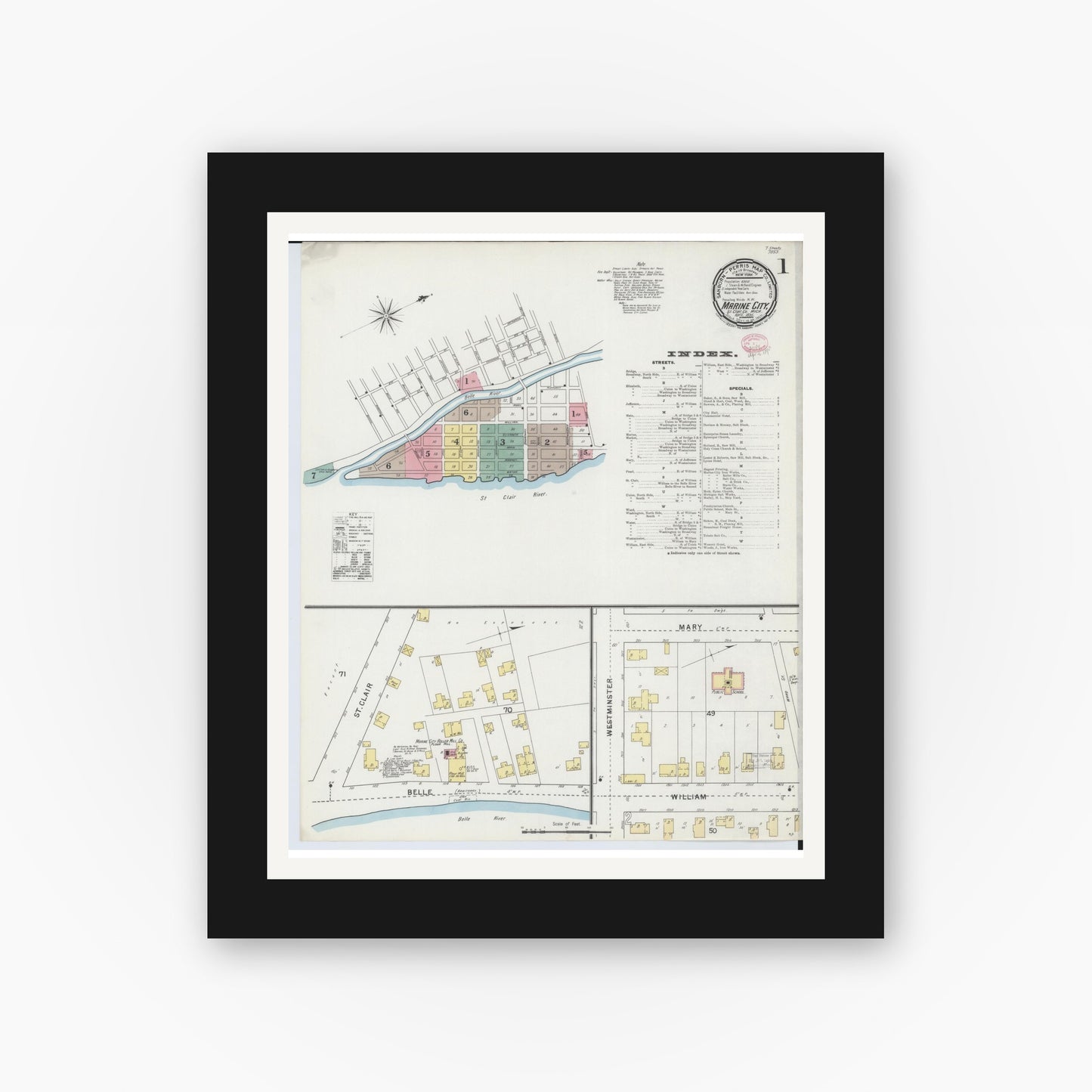 Old map wall art mockup — black gallery frame with white mat — Sanborn Fire Insurance Map from Marine City, Saint Clair County, Michigan (1895) - Complete Map Set