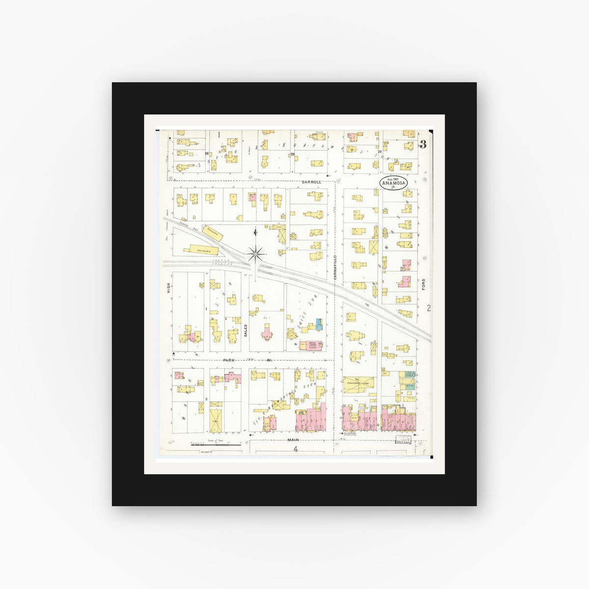 Old map wall art mockup — black gallery frame with white mat — Sanborn Fire Insurance Map from Anamosa, Jones County, Iowa (1905), Sheet #0003