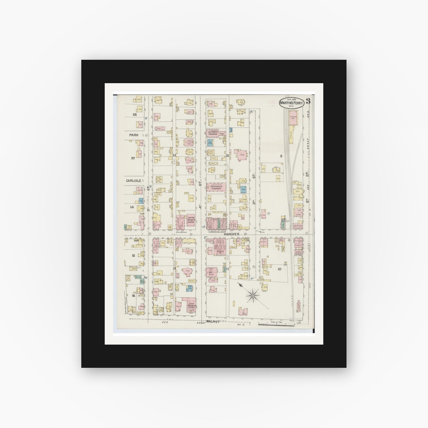 Old map wall art mockup — black gallery frame with white mat — Sanborn Fire Insurance Map from Martins Ferry, Belmont County, Ohio (1890), Sheet #0003