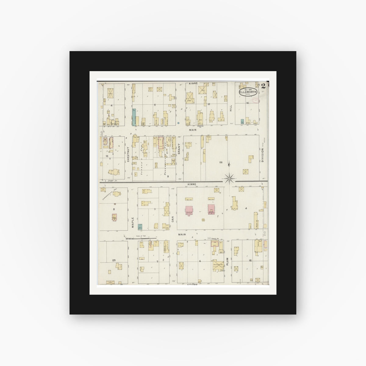Old map wall art mockup — black gallery frame with white mat — Sanborn Fire Insurance Map from Ellsworth, Pierce County, Wisconsin (1894), Sheet #0002