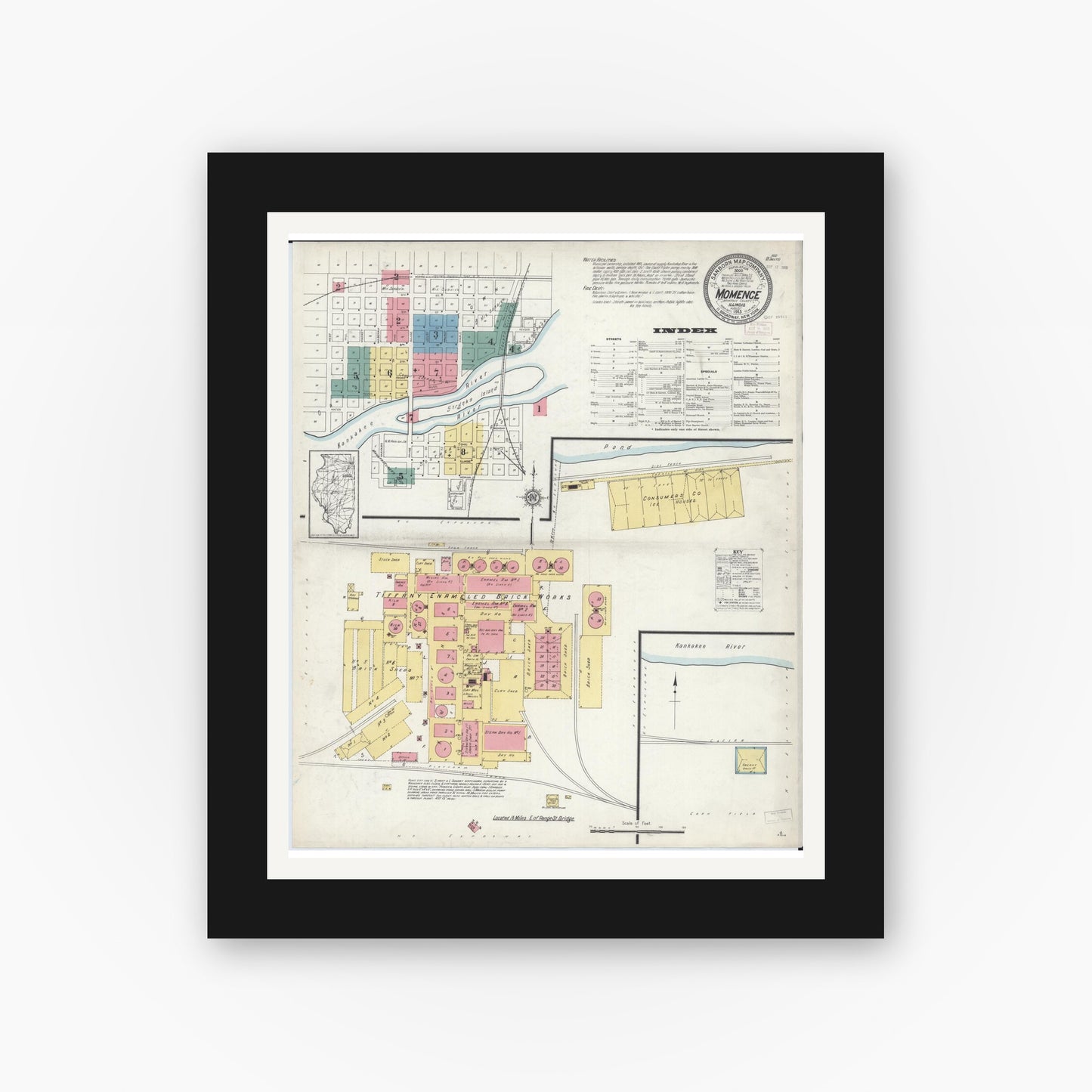 Old map wall art mockup — black gallery frame with white mat — Sanborn Fire Insurance Map from Momence, Kankakee County, Illinois (1913) - Complete Map Set