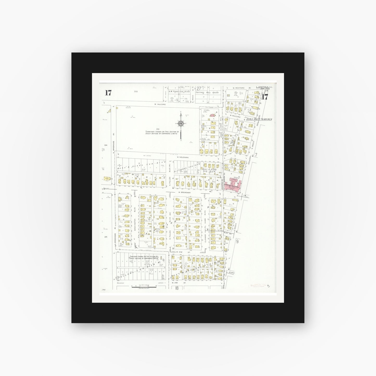 Old map wall art mockup — black gallery frame with white mat — Sanborn Fire Insurance Map from Centralia, Marion, Clinton, Jefferson, and Washington Counties, Illinois (1938), Sheet #0017